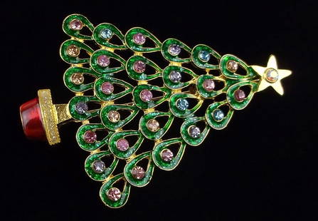 Mint Enameled Rhinestone Christmas Tree Brooch: Mint Condition, In Like New Condition, Perfect