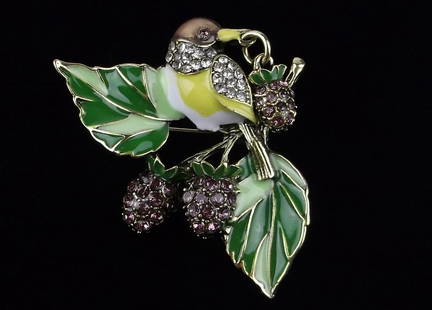 Mint Enameled Rhinestone Bird On Blackberry Bush Brooch: Mint Condition, In Like New Condition, Perfect