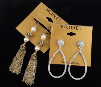 2 New Monet Rhinestone Earrings Set On Card $48