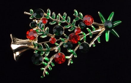 Mint Enameled Rhinestone Christmas Tree Brooch