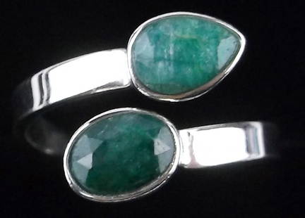 New Sterling Silver 1.5cttw Emerald By Pass Ring Adjust 7-9: Solid Sterling Silver Guaranteed, in Brand New Never Worn Condition.