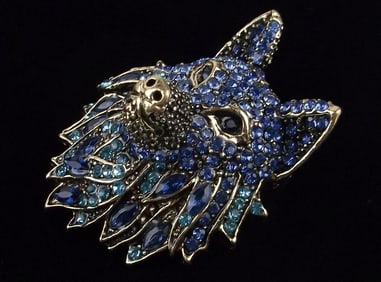 Mint Enameled Rhinestone Wolf Brooch