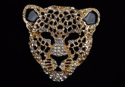 Mint Enameled Rhinestone Leopard Brooch