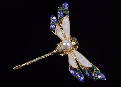 Mint Enameled Rhinestone Dragonfly Brooch Life Size