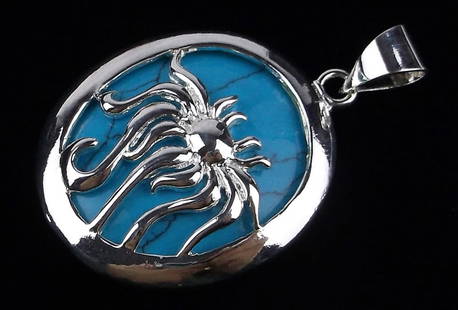 New Big Sterling Silver Turquoise Lotus Pendant: Solid Sterling Silver Guaranteed, in Brand New Never Worn Condition.