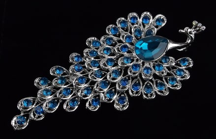 Mint Enameled Rhinestone Peacock Brooch