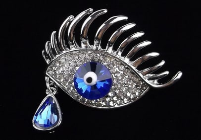 Mint Enameled Rhinestone All Seeing Eye Brooch