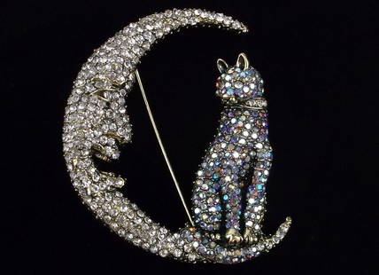 Big Mint Enameled Rhinestone Cat On The Moon Brooch: Mint Condition, In Like New Condition, Perfect
