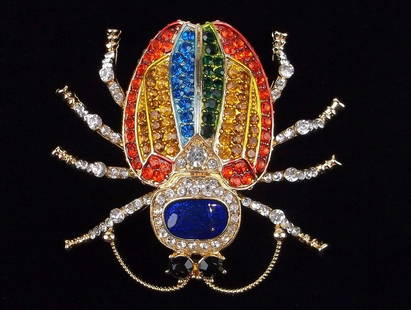 Big Mint Enameled Rhinestone Egyptian Scarab Beetle Brooch: Mint Condition, In Like New Condition, Perfect