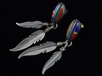 Mint Vintage Navajo Sterling Silver Spiny Coral Inlay Earrings: handmade Genuine Navajo Sterling Silver in Excellent Condition