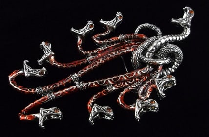 Big Mint Enameled Rhinestone Hydra Multi Snake Brooch