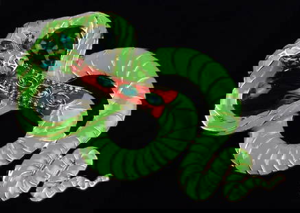 Big Mint Enameled Rhinestone Cobra Snake Brooch: Mint Condition, In Like New Condition, Perfect