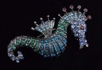 Mint Enameled Rhinestone Seahorse Brooch Life Size