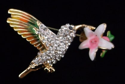 Mint Enameled Rhinestone Hummingbird Brooch