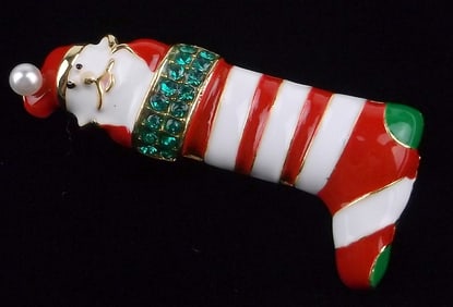 Mint Enameled Rhinestone Stocking Christmas Brooch