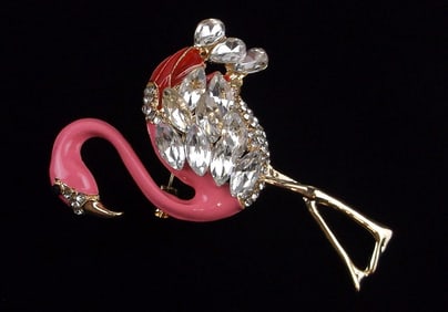 Mint Enameled Rhinestone Flamingo Bird Brooch