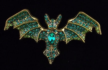 Mint Enameled Rhinestone Bat Brooch