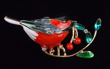 Mint Enameled Rhinestone Bird Brooch