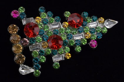 Mint Enameled Rhinestone Christmas Tree Brooch