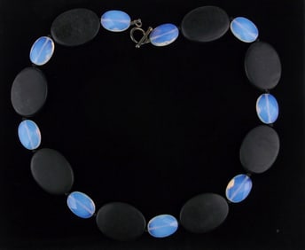 Mint Vintage Sterling Silver Sea Opal Opalite Onyx Necklace 18"