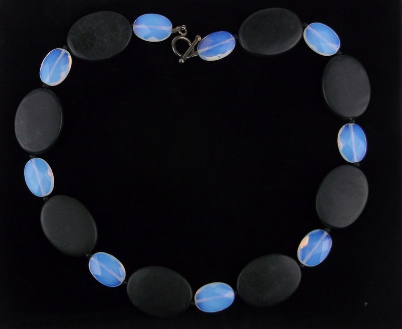 Mint Vintage Sterling Silver Sea Opal Opalite Onyx Necklace 18": Guaranteed Solid 925 Sterling Silver, in Excellent Condition