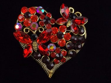 Mint Enameled Rhinestone Butterfly Heart Brooch