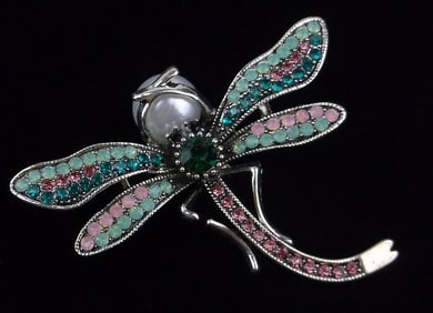 Mint Enameled Rhinestone Dragonfly Brooch Life Size