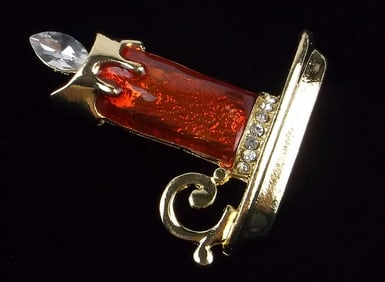 Mint Enameled Rhinestone Candle Christmas Brooch