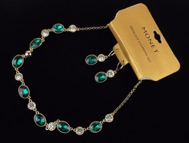 New Monet Rhinestone Necklace Earrings Set 20" $32