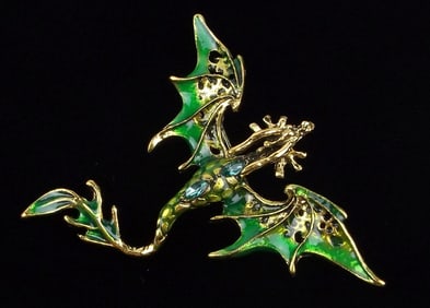 Mint Enameled Rhinestone Dragon Brooch