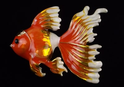 Mint Enameled Rhinestone Goldfish Brooch