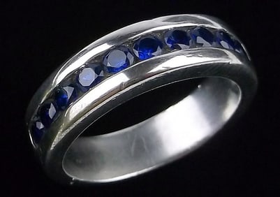 Gorgeous Vint Thick Sterling Silver Sapphire Band Ring 8