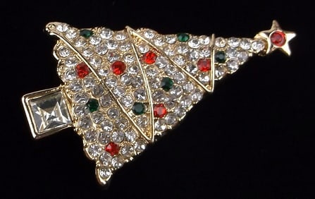 Mint Enameled Rhinestone Christmas Tree Brooch