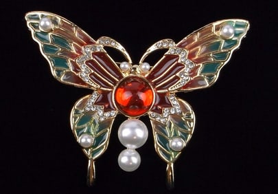 Mint Enameled Jelly Belly Rhinestone Butterfly Brooch Big