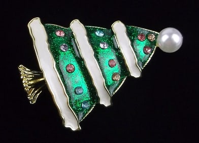 Mint Enameled Rhinestone Christmas Tree Brooch