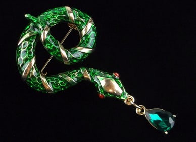 Mint Enameled Rhinestone Snake Brooch