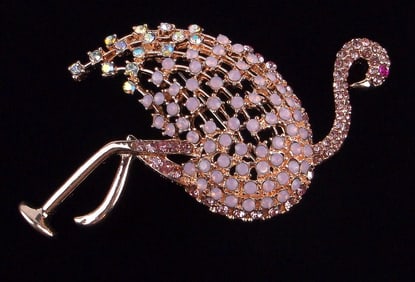 Mint Enameled Rhinestone Flamingo Bird Brooch