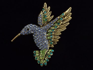 Mint Enameled Rhinestone Hummingbird Brooch