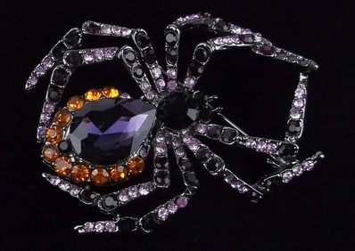 Big Mint Enameled Rhinestone Spider Brooch