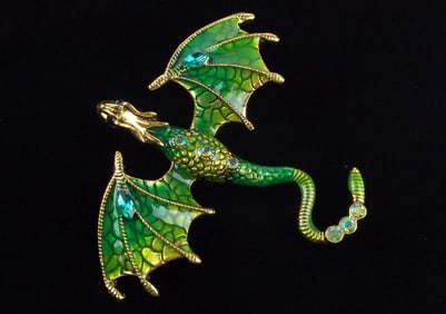 Mint Enameled Rhinestone Dragon Brooch
