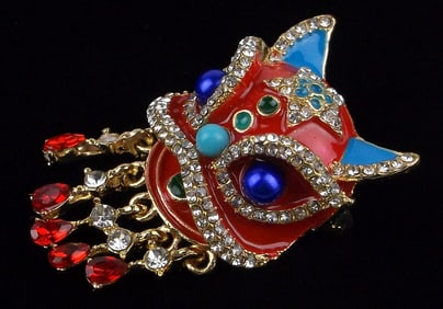 Mint Enameled Rhinestone Festival Lion Brooch