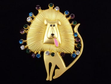Mint Enameled Rhinestone Lion Brooch