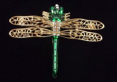 Mint Enameled Rhinestone Dragonfly Brooch Life Size