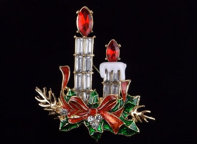 Mint Enameled Rhinestone Candle Christmas Brooch