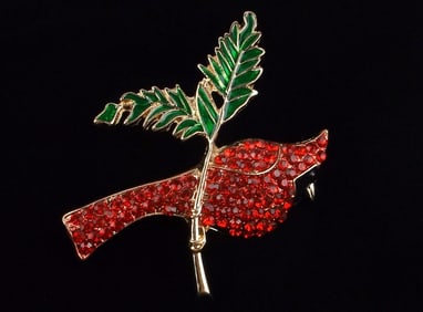 Mint Enameled Rhinestone Cardinal Christmas Bird Brooch