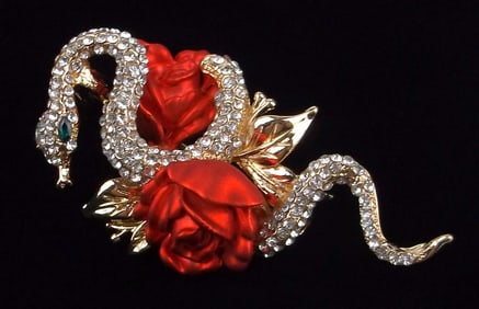 Mint Enameled Rhinestone Rose Snake Brooch