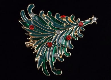 Mint Enameled Rhinestone Christmas Tree Brooch