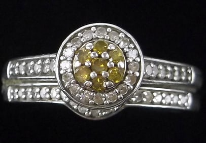 Stunning Vint Sterling Silver Yellow White Diamond Ring 6.5
