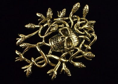 Mint Enameled Medusa Skull Snake Brooch