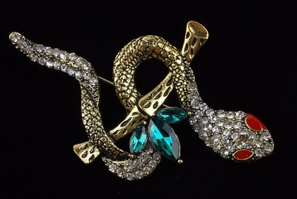 Mint Enameled Rhinestone Snake Brooch